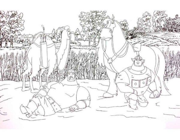 Раскраска три богатыря Илья Муромец