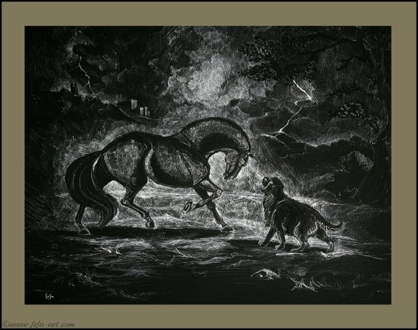 Лошадь гравюра