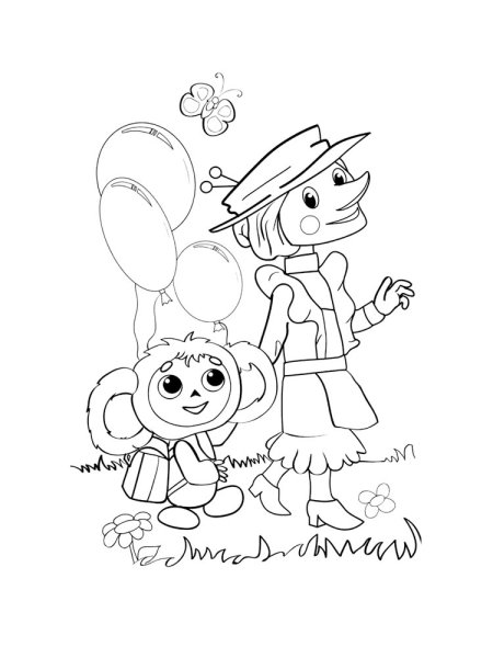 Раскраска Чебурашка Гена и Шапокляк