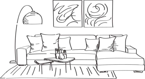 Диван в интерьере раскраска