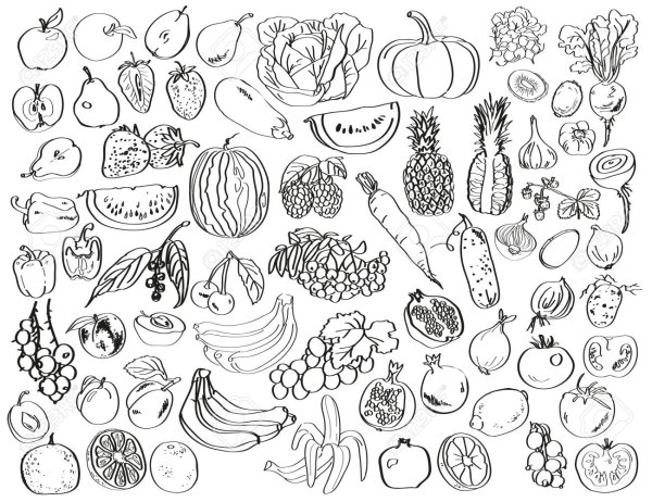 Овощи и фрукты черно белые