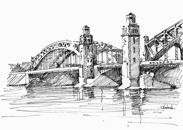 Большеохтинский мост акварель