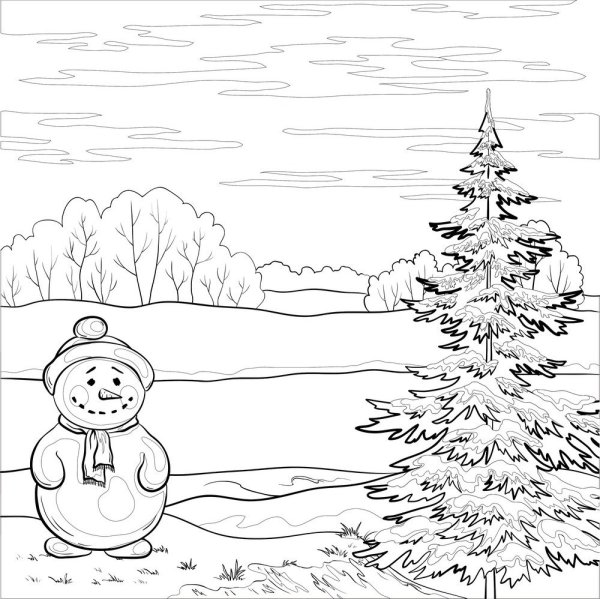Зимний пейзаж раскраска для детей несложный