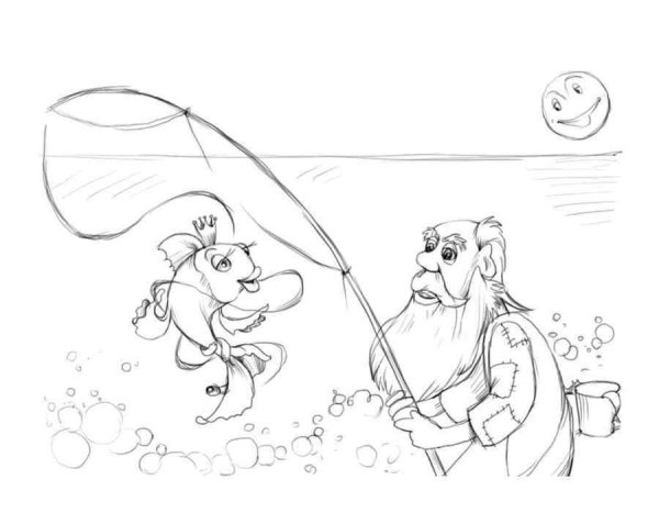 Сказка о рыбаке и рыбке рисунок карандашом