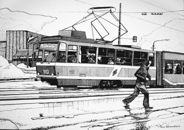 Трамвай черно белый