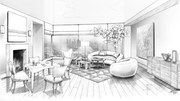 Набросок интерьера черно белый