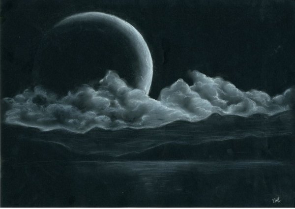 Пейзаж пастелью на черной бумаге