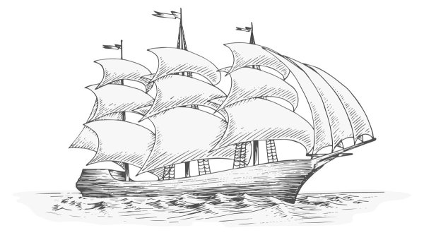 Большой корабль с парусами рисунок