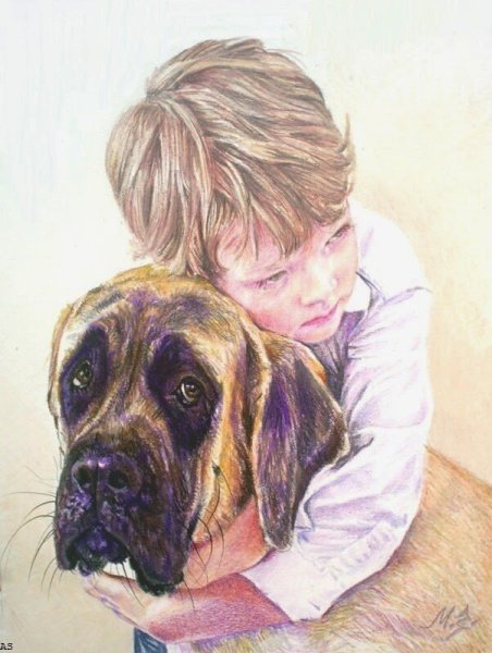 Мальчик обнимает собаку