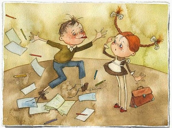 Мальчик дергает за косичку