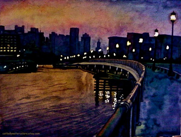 Ночной город акварелью