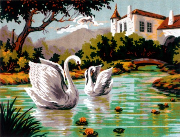 Вышивка крестом.. Домик с прудом и лебедями