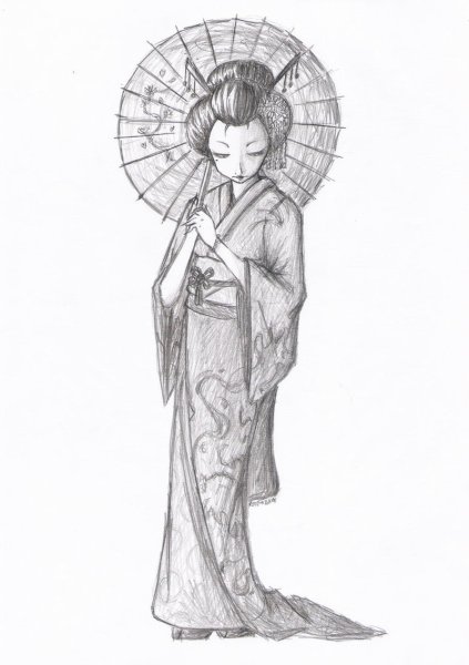 Гейша с зонтом эскиз