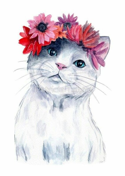 Акварельный котик с цветком