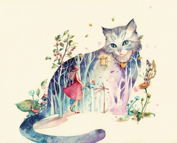 Кошка с котятами акварель