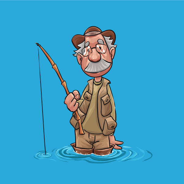 Карикатура дед на рыбалка