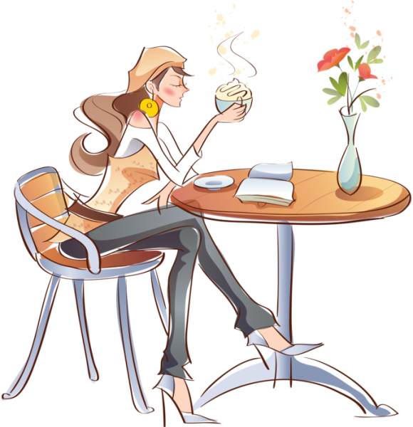 Нарисованная девушка в кафе