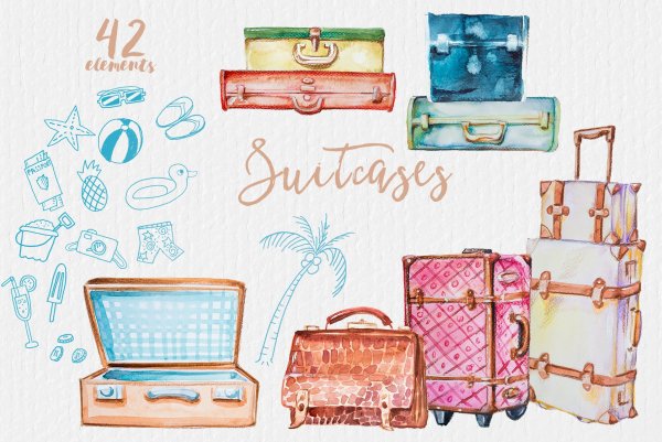 Чемоданы в путешествии акварельный рисунок