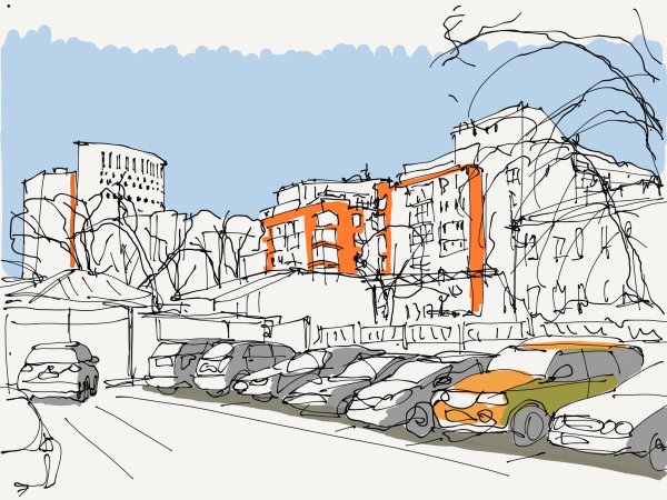 Современный городской пейзаж карандашом