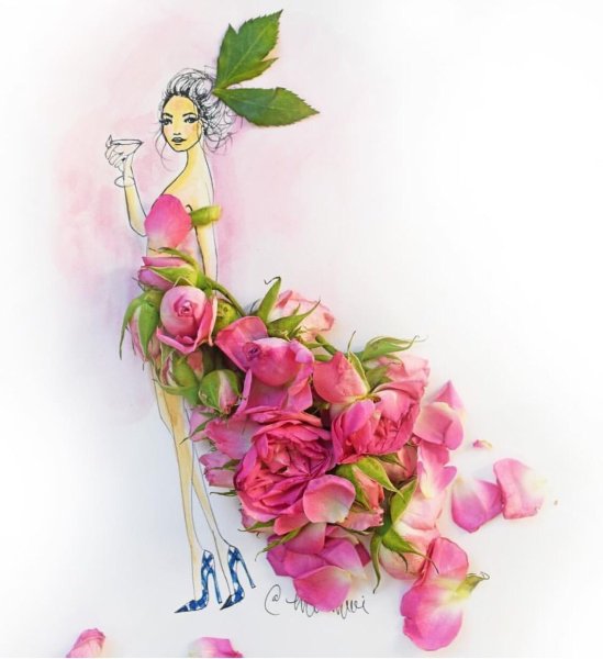 Платье из цветов акварель