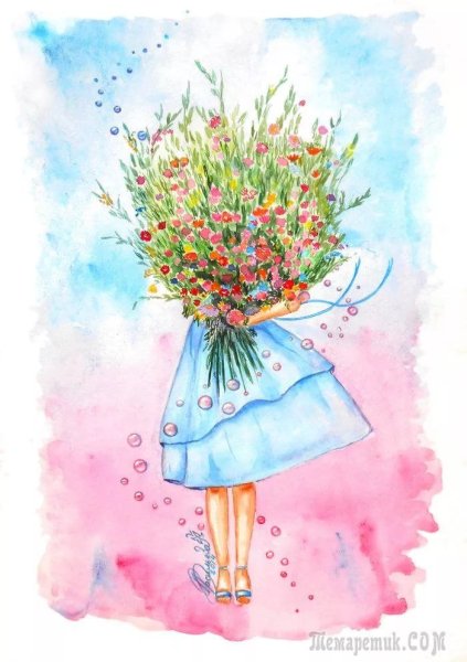 Нарисованная девушка с букетом