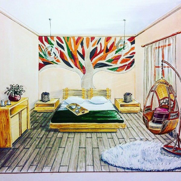 Интерьер цветными карандашами