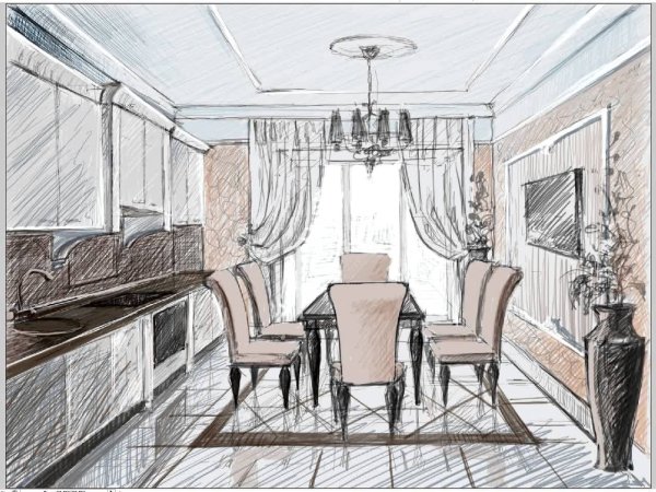 Интерьер цветными карандашами