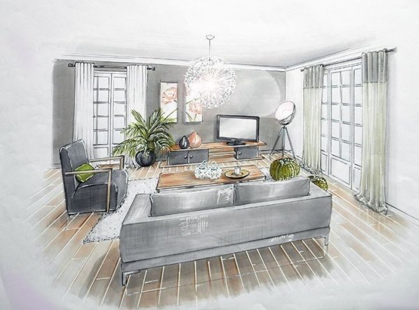 Скетчи интерьера гостиной в стиле Минимализм