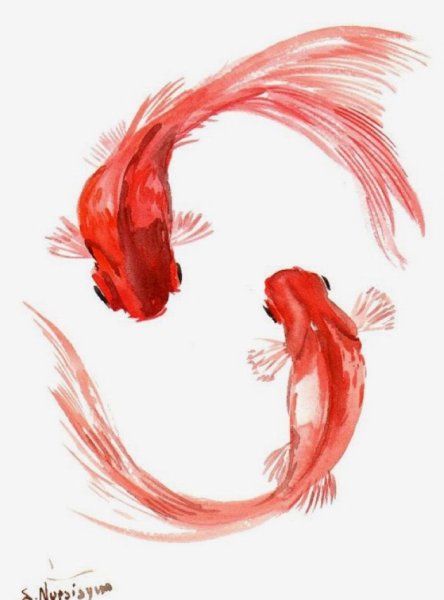 Акварельная рыбка с красным хвостом