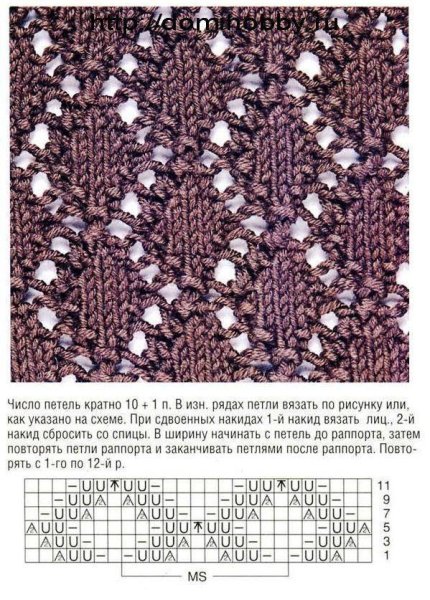 Вязание спицами ажурный узор листики схемы