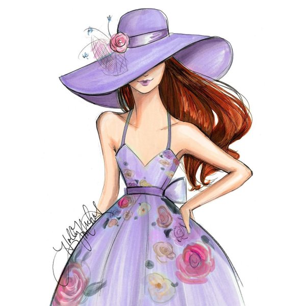 Девушка в сиреневом шляпа платье