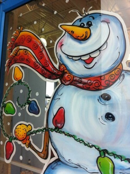 Снеговик красками на стекле