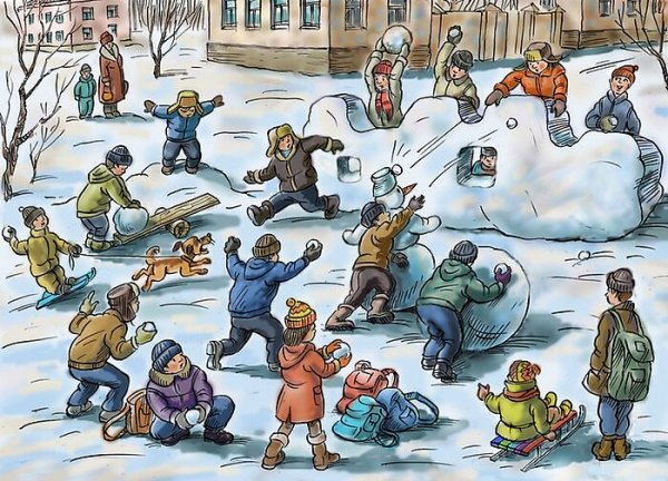 Дети играют в снежки