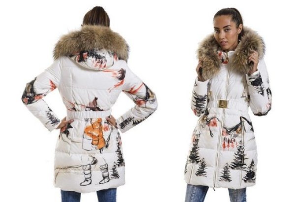 Пуховик белый с принтом