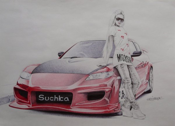 Девушки с машинами нарисованные