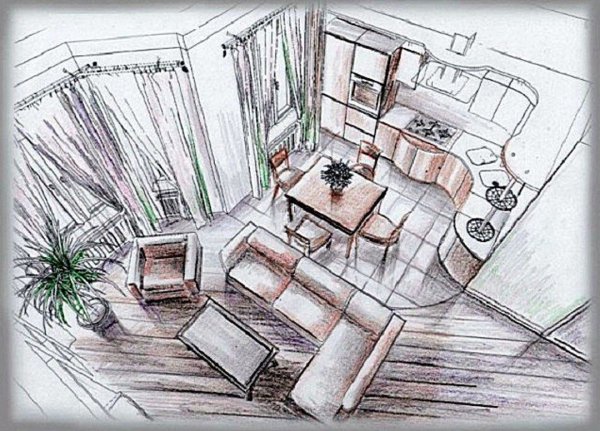 Черно белый скетч интерьера