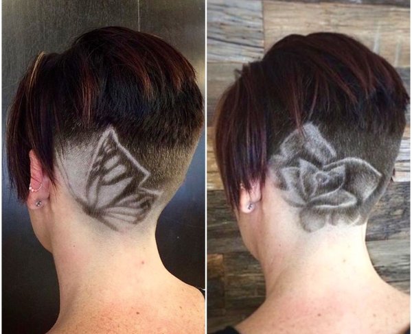 Узоры на затылке женской стрижки короткой