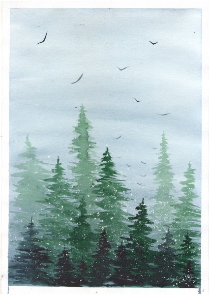Лес нарисованный акварелью