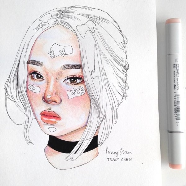 Девушка в очках рисунок акварелью